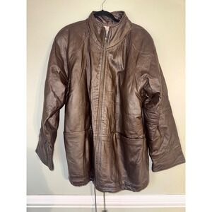 Vintage Spiegel Women 1X Brown Leather Full Zip Jacket with Pockets Draw Strings